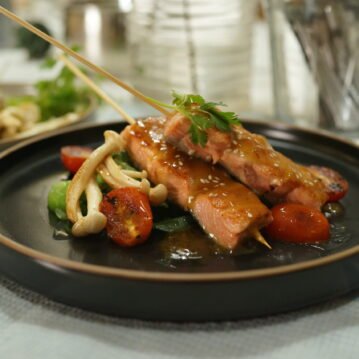 Salmon Skewers with Miso Soya Beurre Blanc