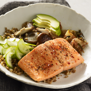 Instant Pot Alaska Salmon Farro Bowl with Pickled Cucumbers and Kimchi