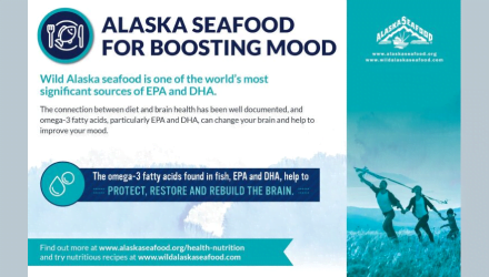 โปสการ์ดข้อมูลโภชนาการอาหารทะเลจากอลาสก้าและการช่วยเสริมสร้างอารมณ์และจิตใจที่ดี