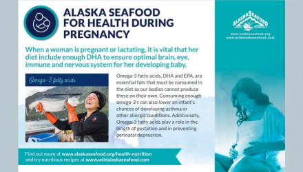 อาหารทะเลจากอลาสก้าสำหรับสุขภาพที่ดีระหว่างตั้งครรภ์ โปสการ์ดข้อมูลโภชนาการ