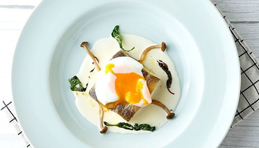 Fried Alaska Yellowfin Sole with Mushroom and Onsen Tamago (soft-cooked egg)