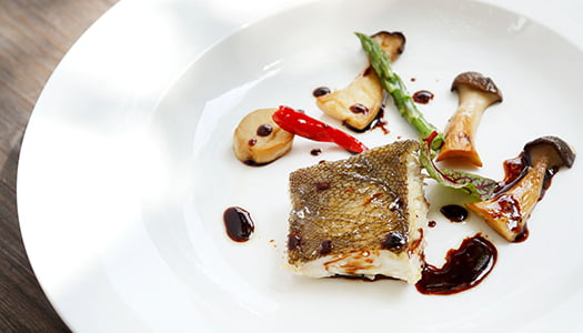 Grilled Alaska Yellowfin Sole with Red Wine Sauce with Mushroom