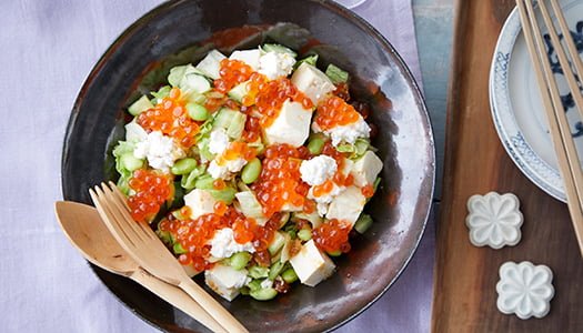 Salad with Alaska Ikura Salmon Roe and Chopped Tofu