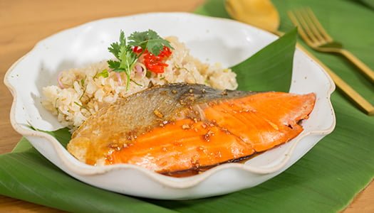 Grilled Sockeye Salmon with Lemongrass Sauce served with Herb Fried Rice