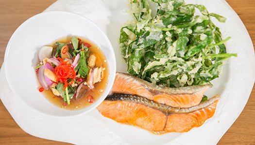 Grilled King Salmon with Honey Sauce served with Crispy Morning Glory Salad