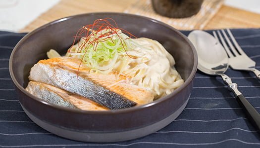 Grilled Pink Salmon served with Fettuccine and Miso Cream Sauce