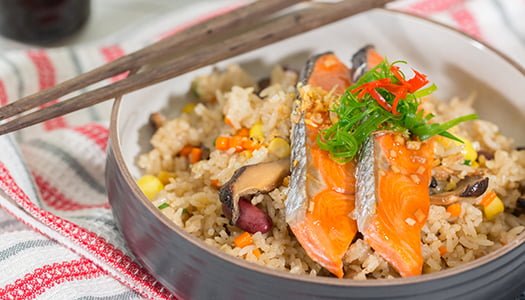 Grilled Coho Salmon with Honey Garlic Sauce served with Shiitake Fried Rice